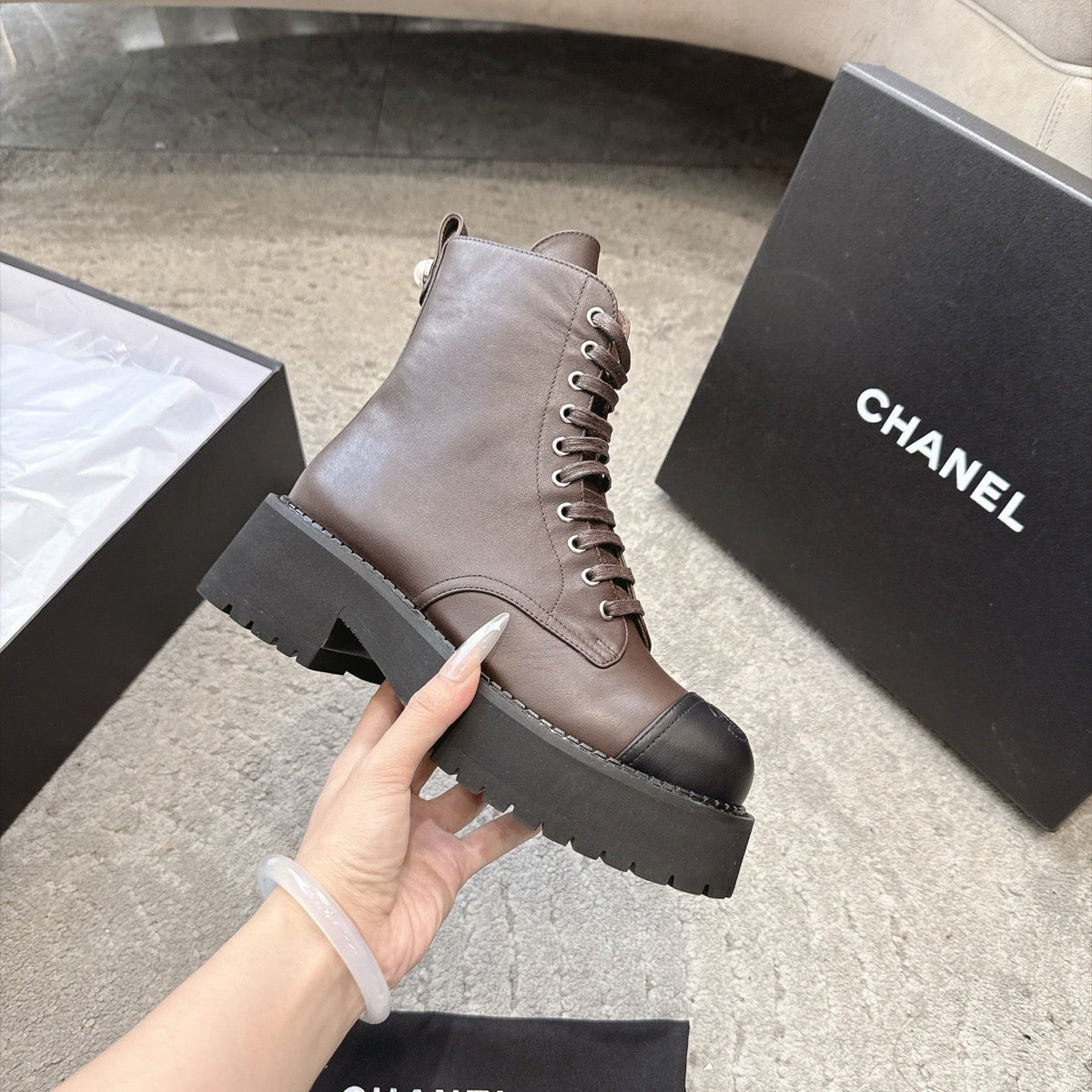 Chanel 26s Boots 5cm Brown Black Leather 188098