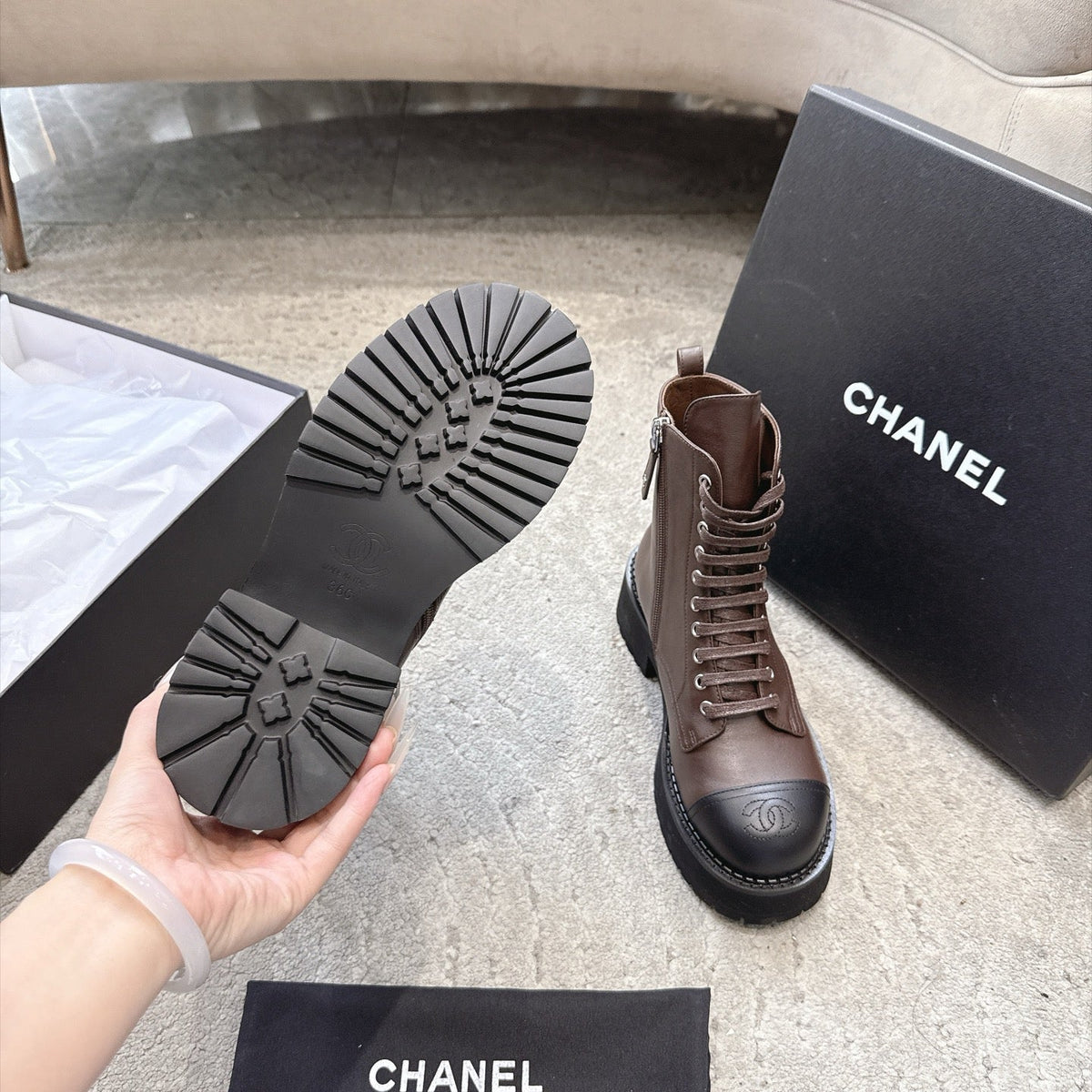 Chanel 26s Boots 5cm Brown Black Leather 188098