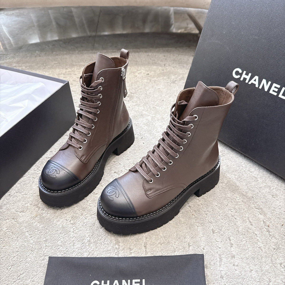Chanel 26s Boots 5cm Brown Black Leather 188098