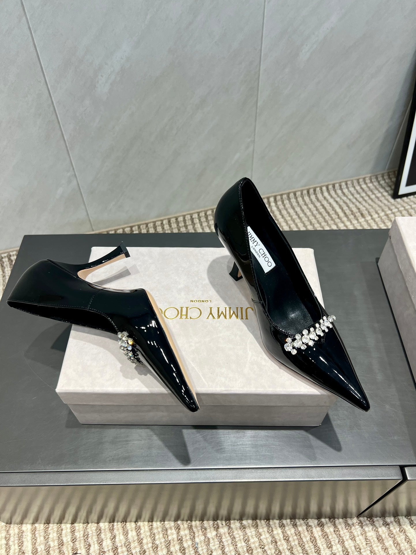 Jimmy Choo Belinda 85mm Heels Black Patent Leather Crystal Studded Heels 540679