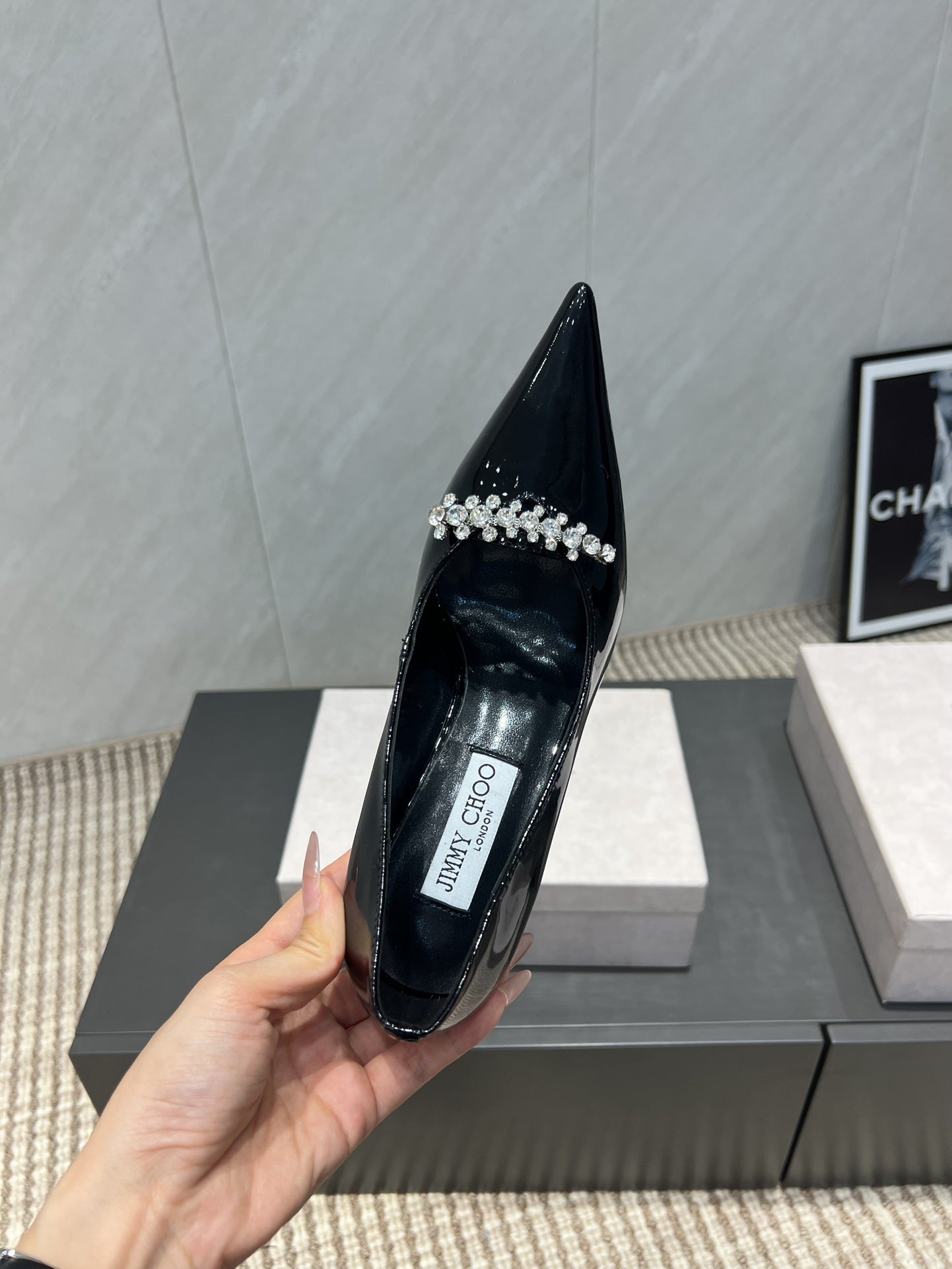 Jimmy Choo Belinda 85mm Heels Black Patent Leather Crystal Studded Heels 540679