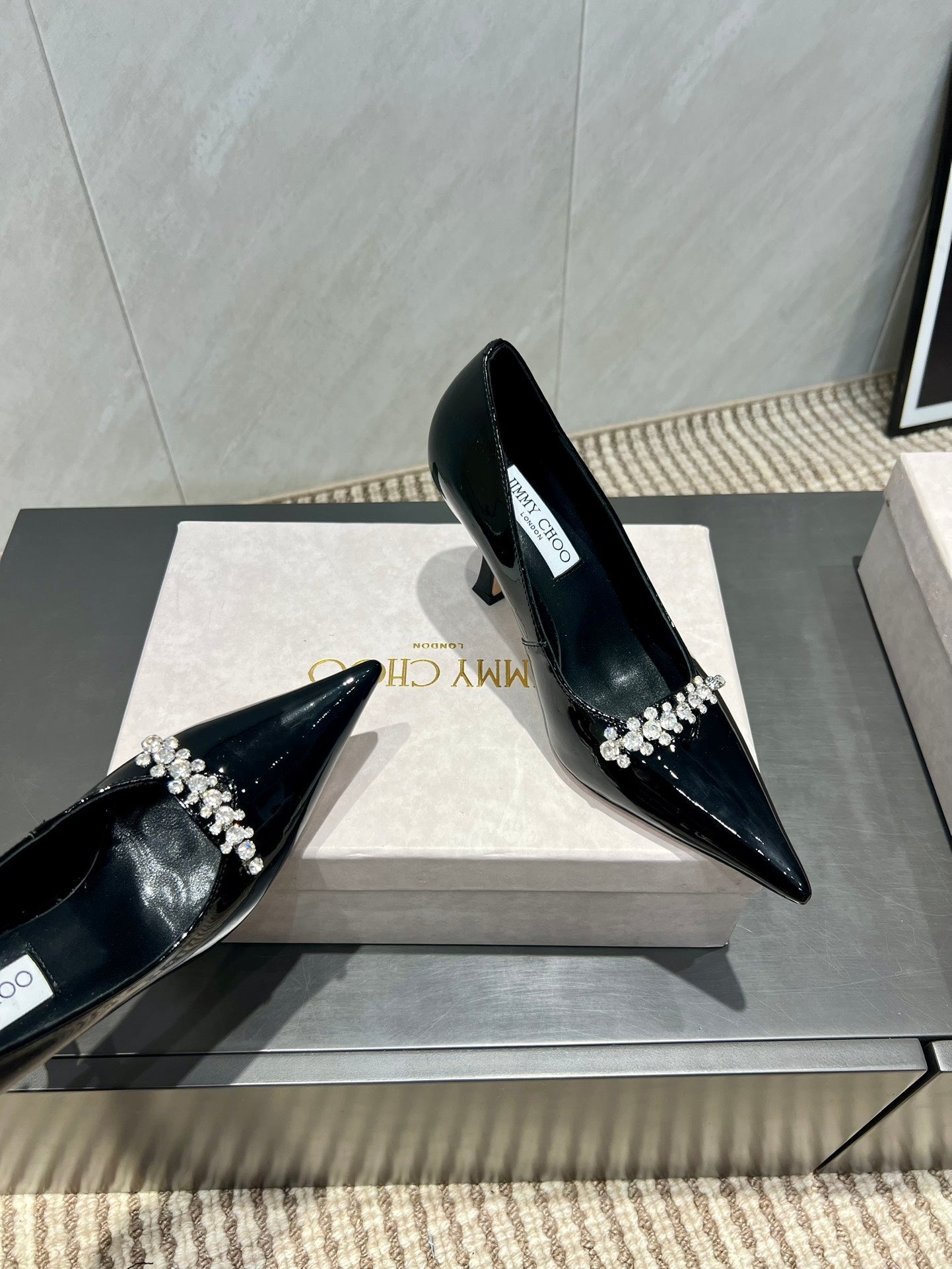 Jimmy Choo Belinda 85mm Heels Black Patent Leather Crystal Studded Heels 540679