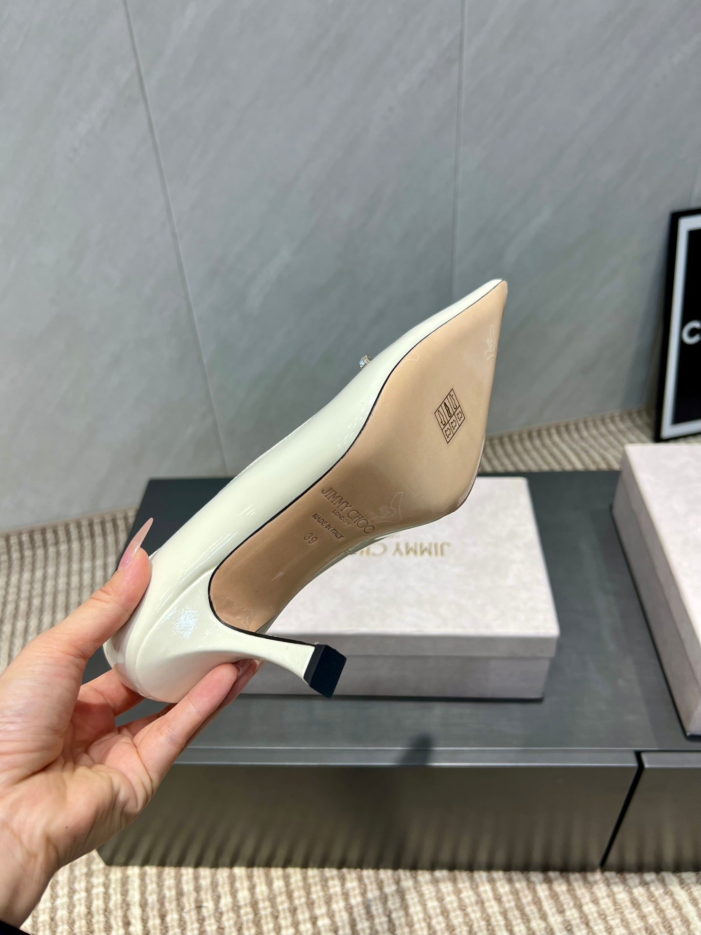 Jimmy Choo Belinda 85mm Heels Cream Patent Leather Crystal Studded Heels 540680