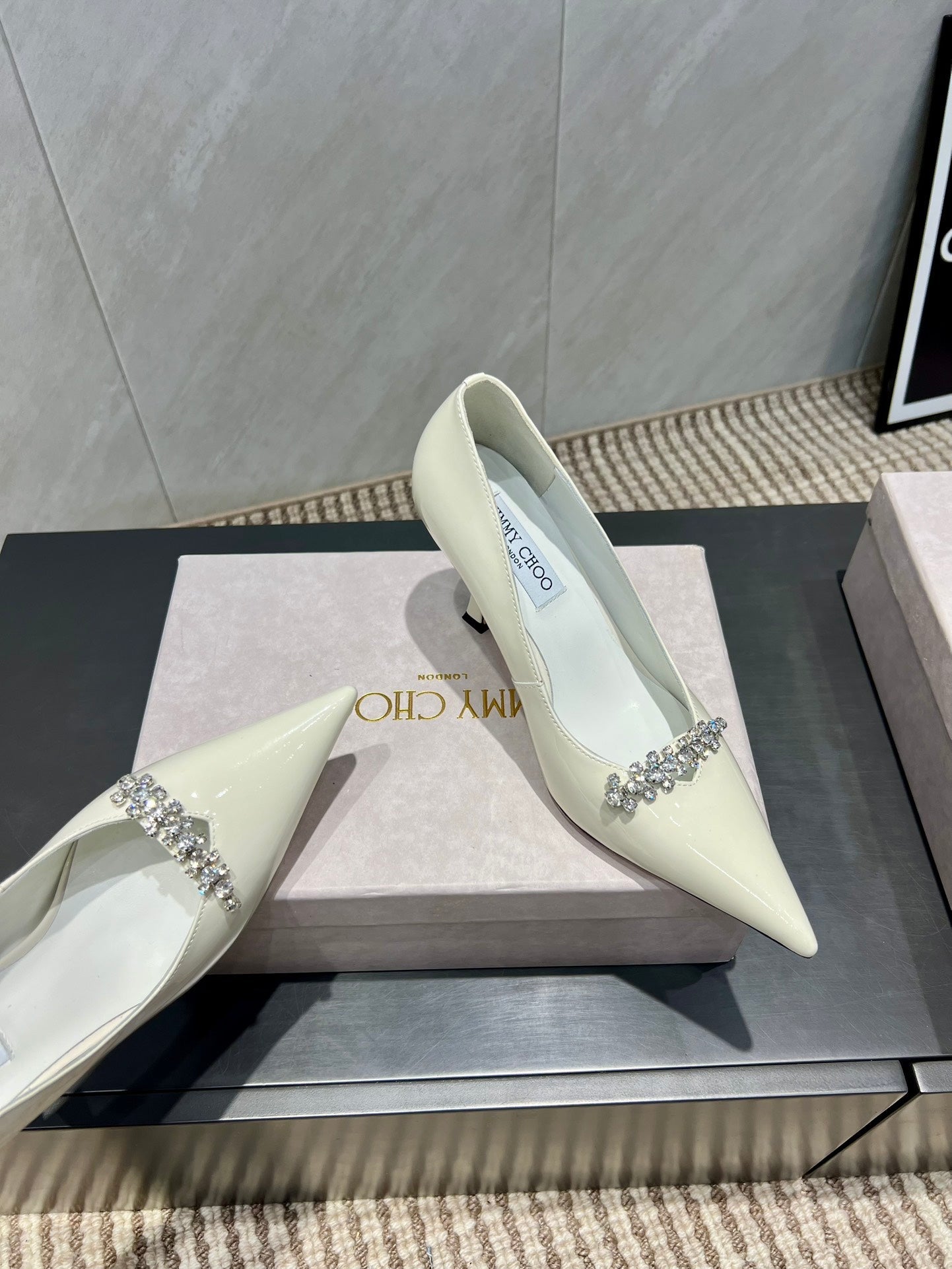 Jimmy Choo Belinda 85mm Heels Cream Patent Leather Crystal Studded Heels 540680