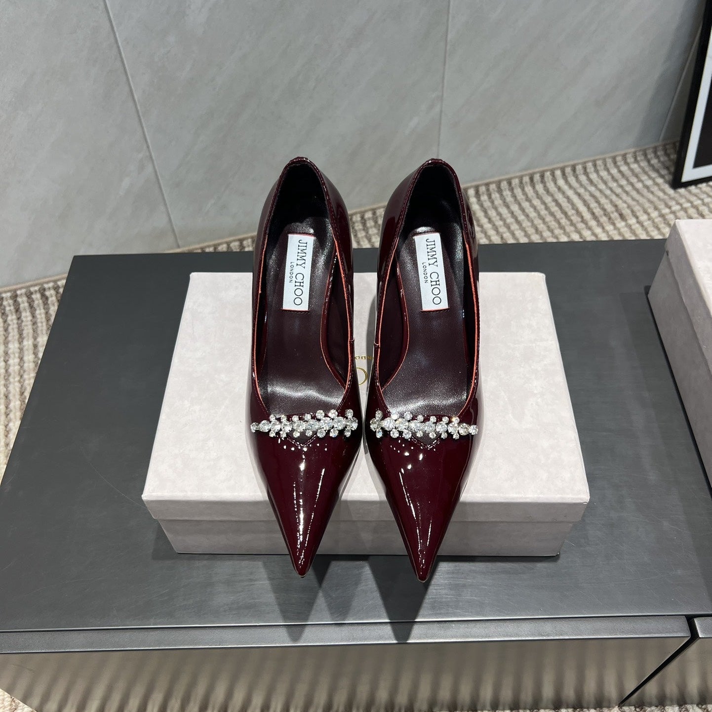 Jimmy Choo Belinda 85mm Heels Burgundy Patent Leather Crystal Studded Heels 540681