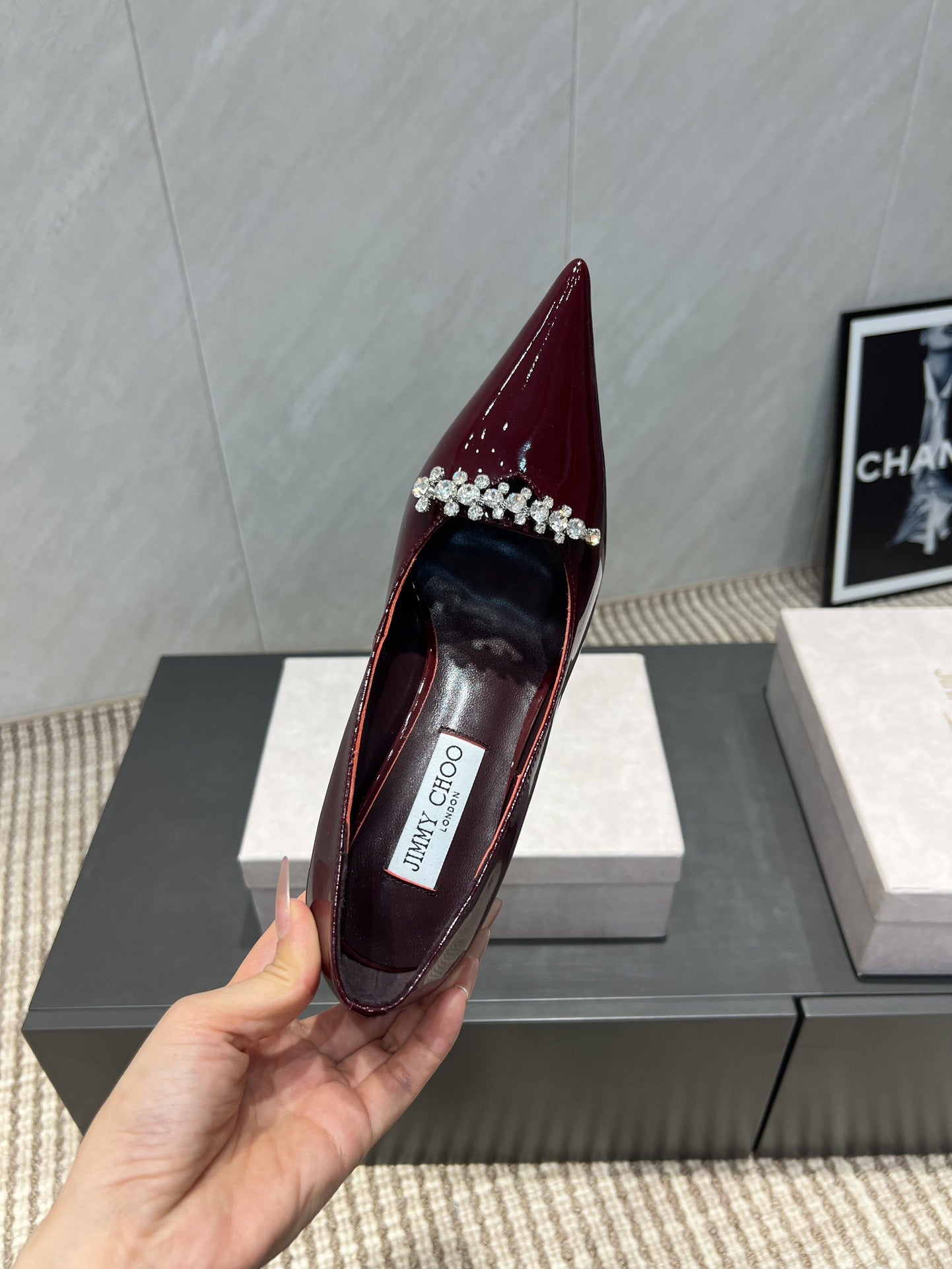 Jimmy Choo Belinda 85mm Heels Burgundy Patent Leather Crystal Studded Heels 540681