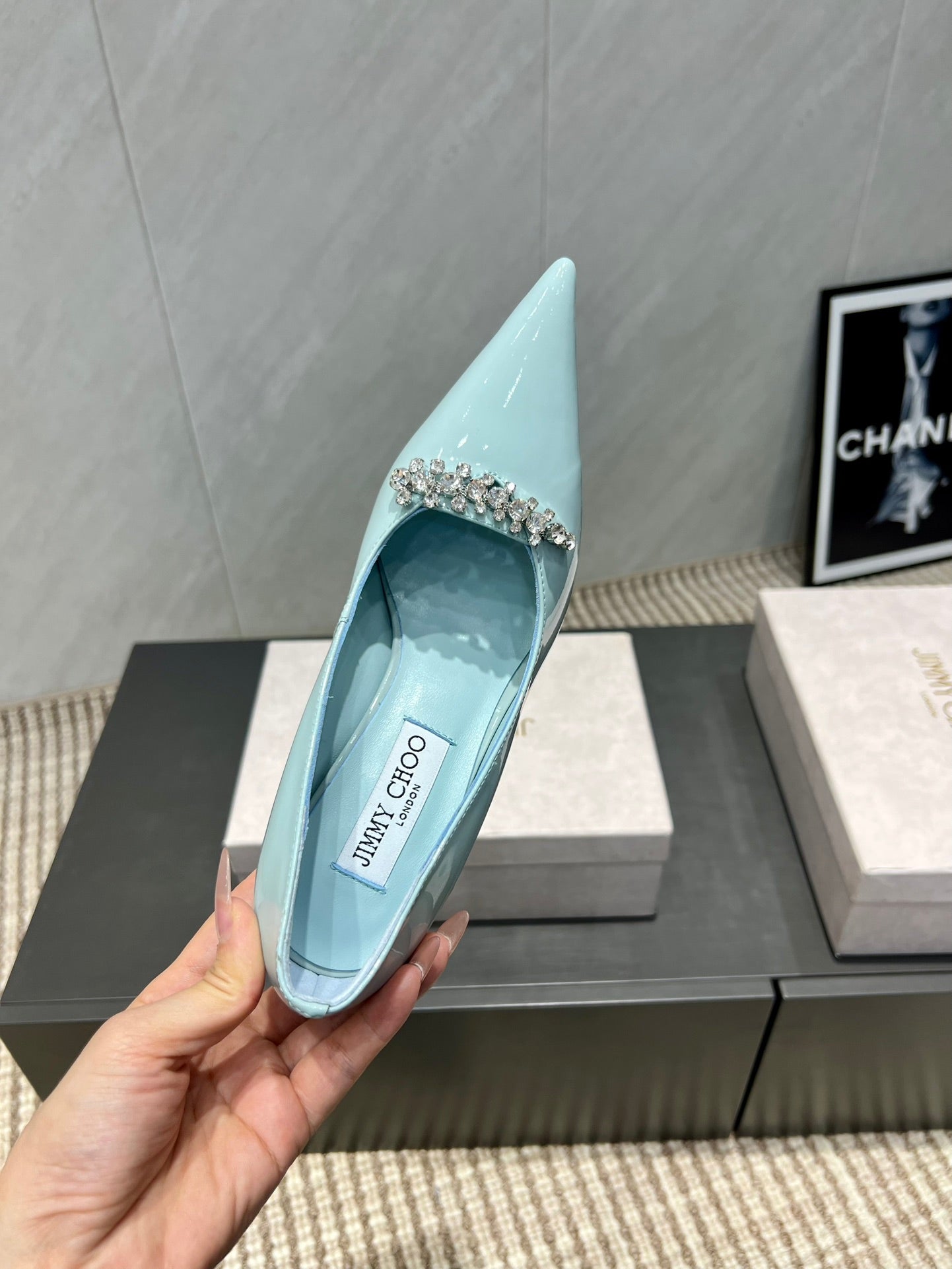 Jimmy Choo Belinda 85mm Heels Blue Patent Leather Crystal Studded Heels 540682