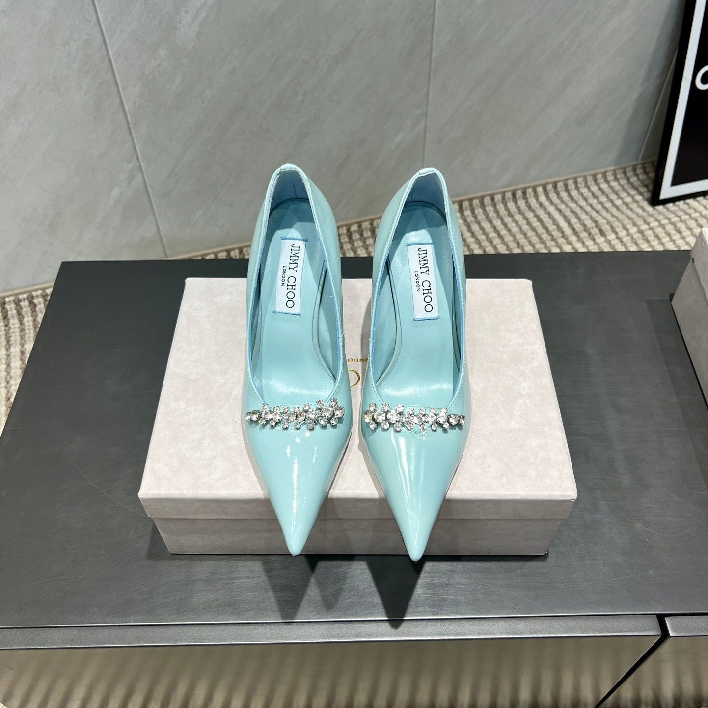 Jimmy Choo Belinda 85mm Heels Blue Patent Leather Crystal Studded Heels 540682
