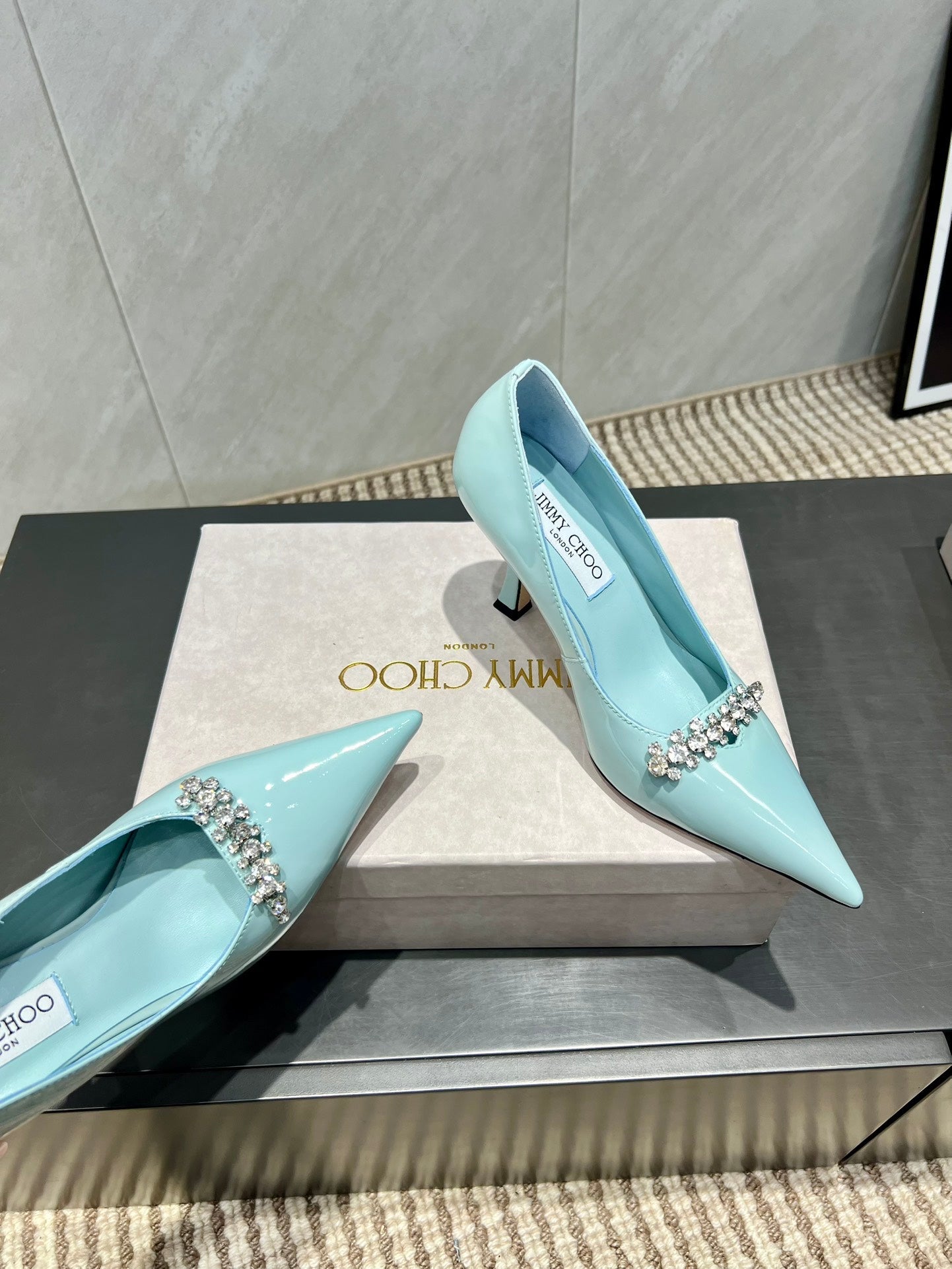 Jimmy Choo Belinda 85mm Heels Blue Patent Leather Crystal Studded Heels 540682