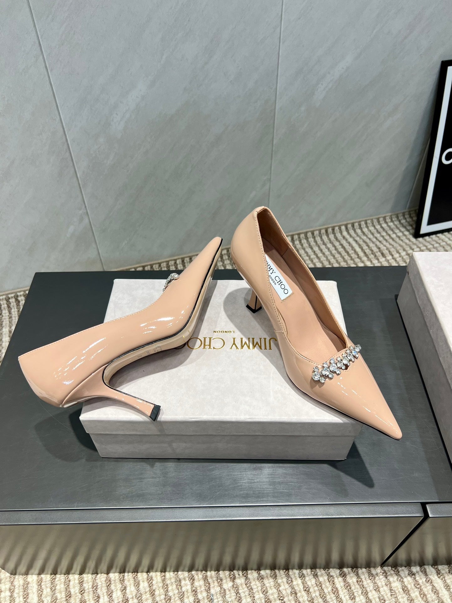 Jimmy Choo Belinda 85mm Heels Nude Patent Leather Crystal Studded Heels 540683.