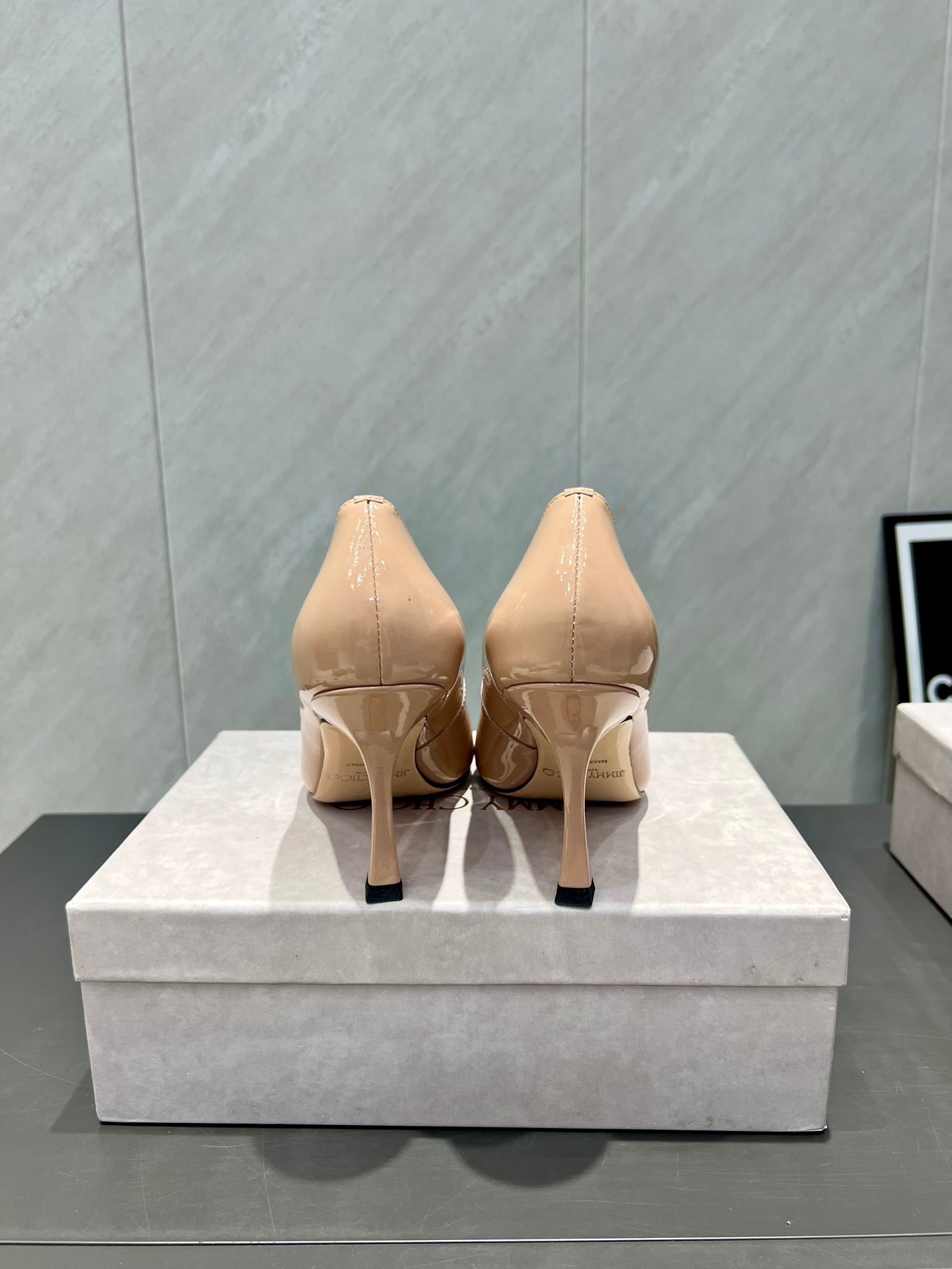 Jimmy Choo Belinda 85mm Heels Nude Patent Leather Crystal Studded Heels 540683.