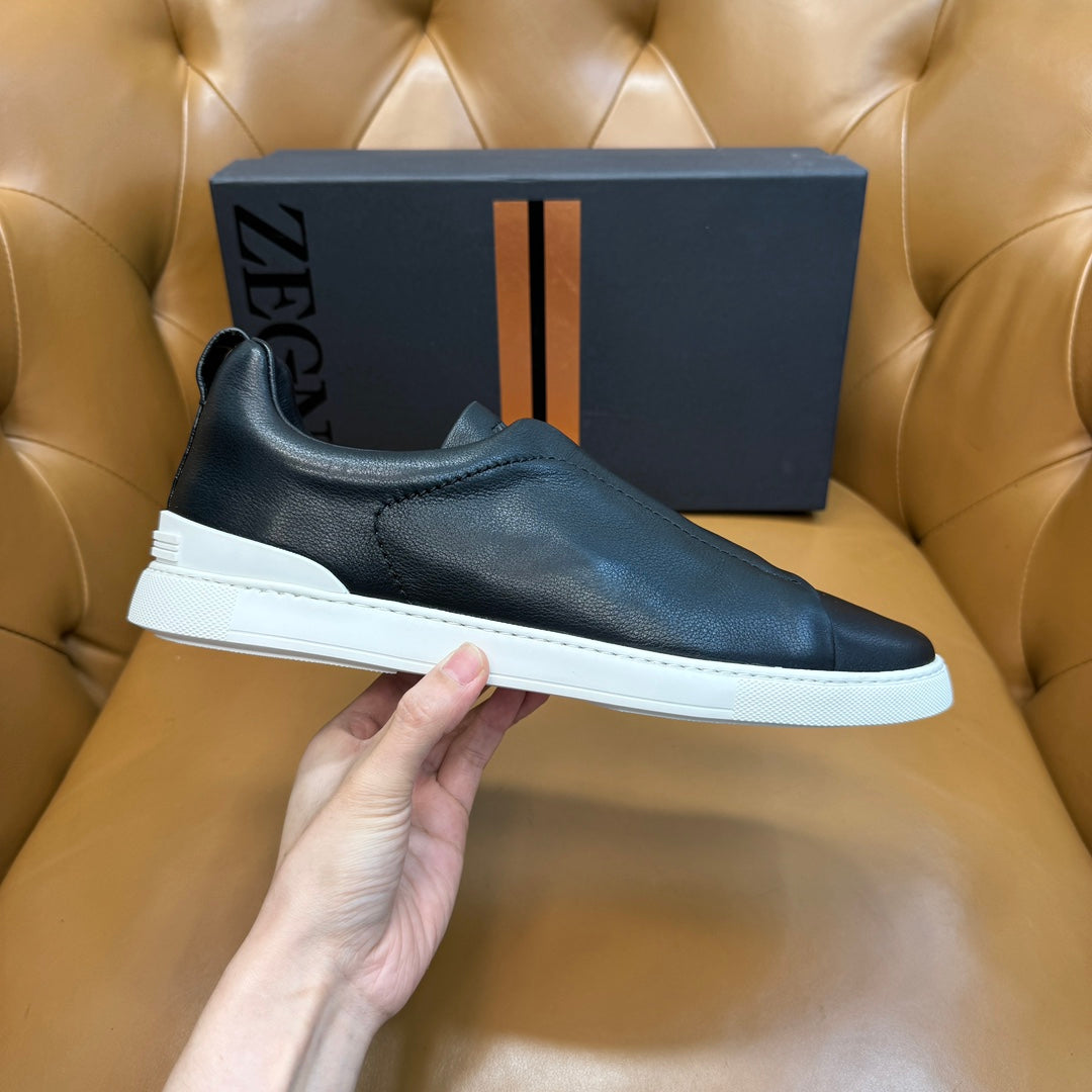 Zegna Men's Triple Stitch Sneakers Black Grain Leather
