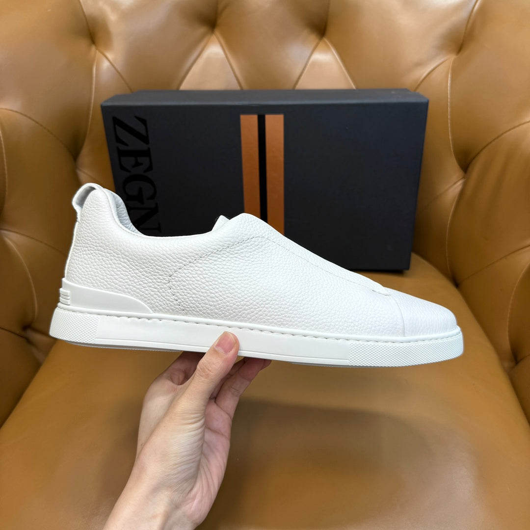 Zegna Men's Triple Stitch Sneakers White Grain Leather