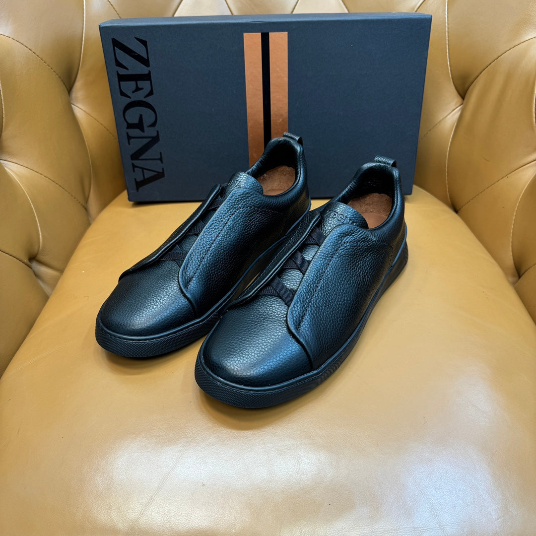 Zegna Men's Triple Stitch Sneakers Full Black Grain Leather