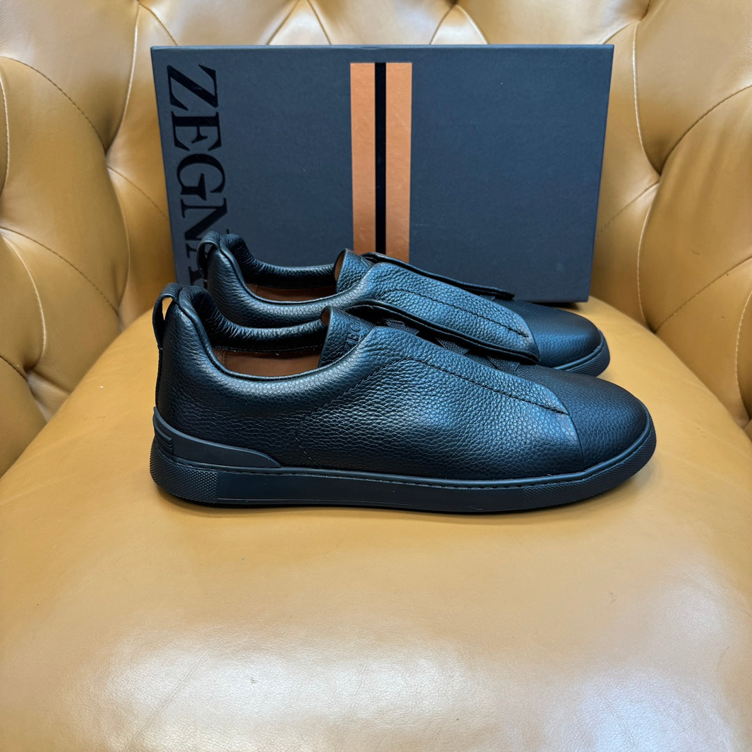 Zegna Men's Triple Stitch Sneakers Full Black Grain Leather