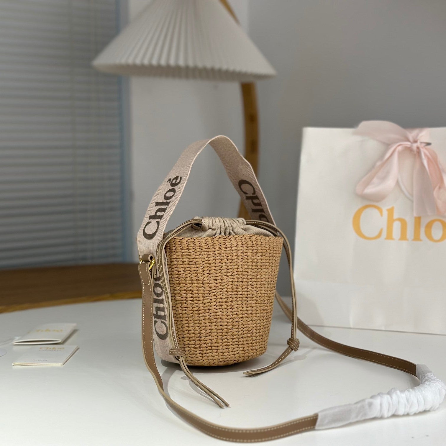 Chloe Woody straw bucket bag 16cm beige raffia
