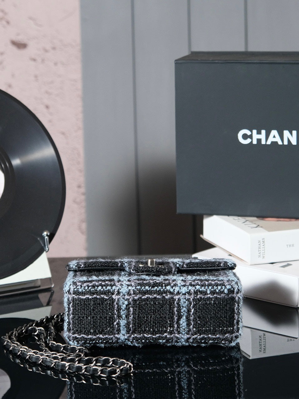 24K Flap Bag 20cm Blue Black Stripe Tweed