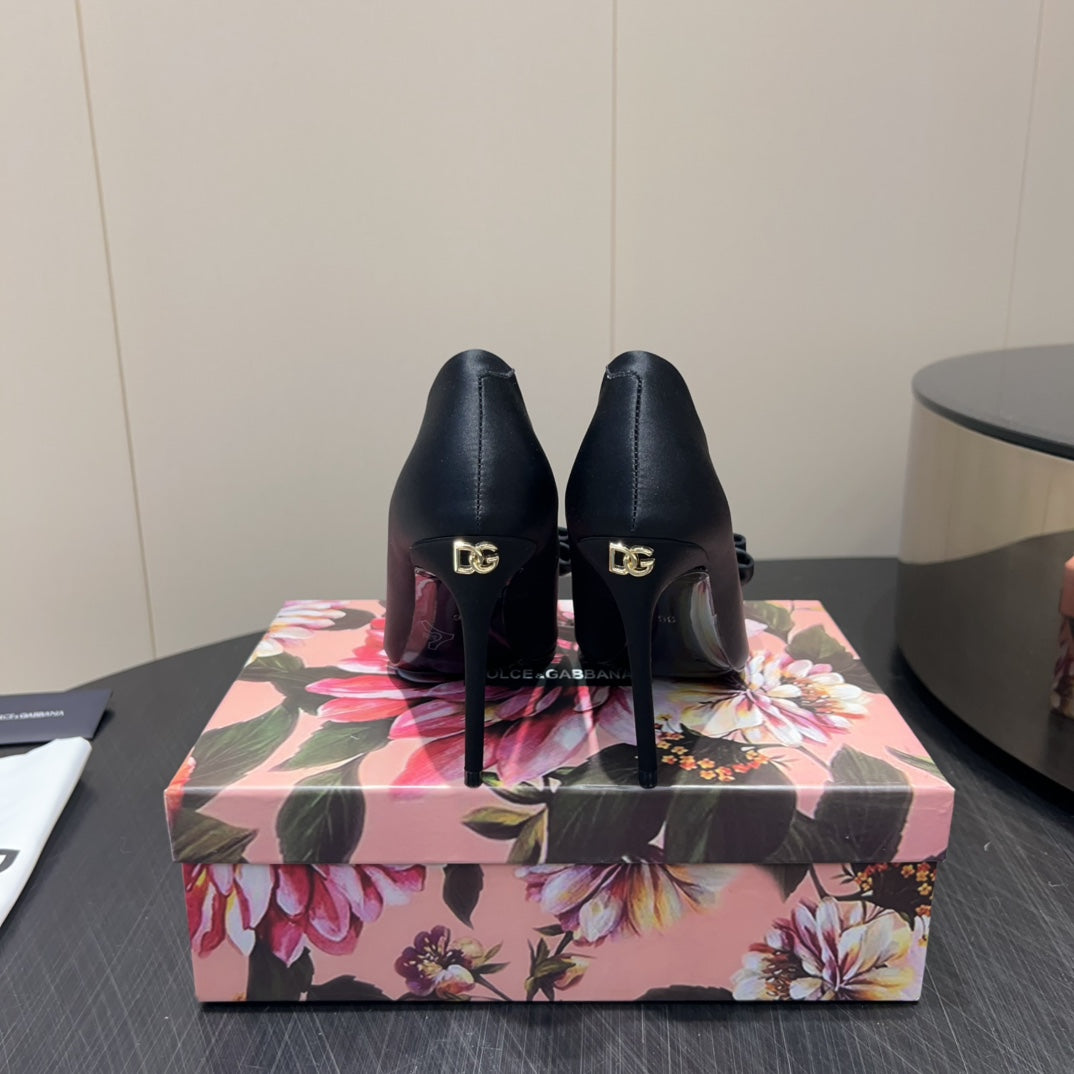 DC 25  Toe Bow High Heel Shoes 100mm Black Silk And Sheepskin 381609