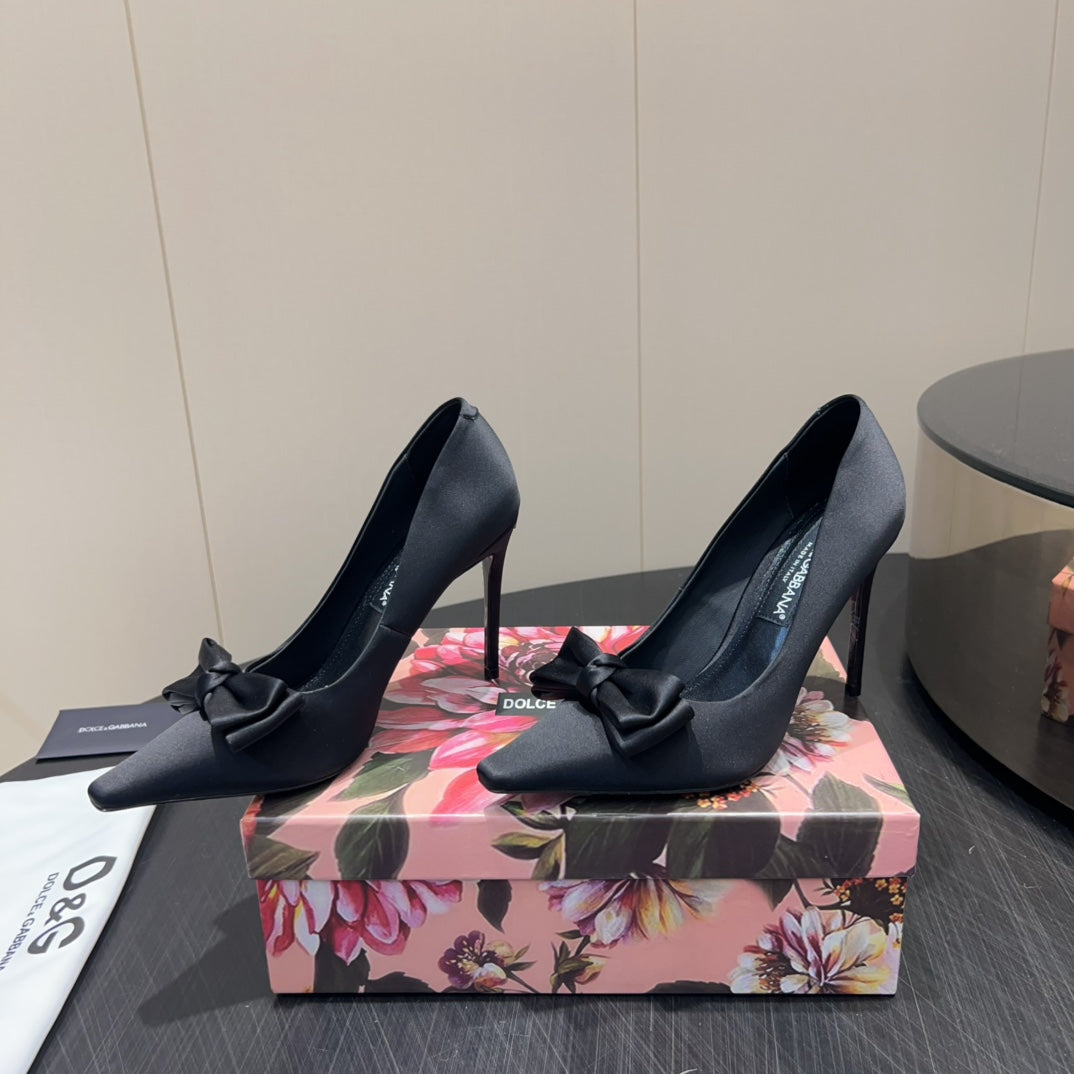 DC 25  Toe Bow High Heel Shoes 100mm Black Silk And Sheepskin 381609