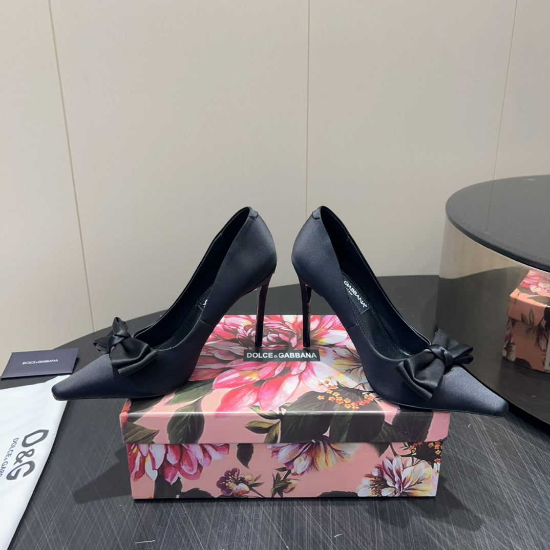 DC 25  Toe Bow High Heel Shoes 100mm Black Silk And Sheepskin 381609