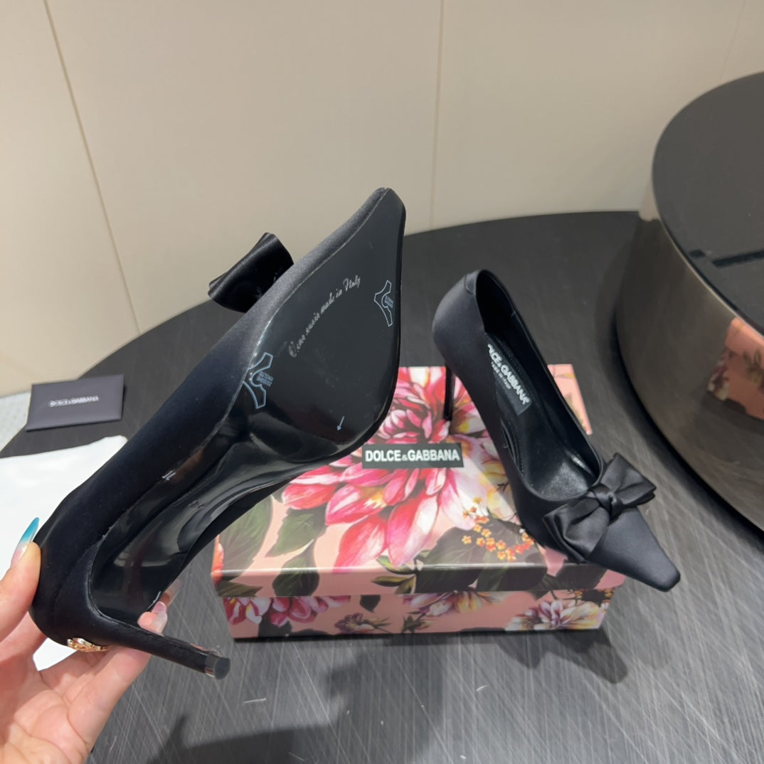 DC 25  Toe Bow High Heel Shoes 100mm Black Silk And Sheepskin 381609