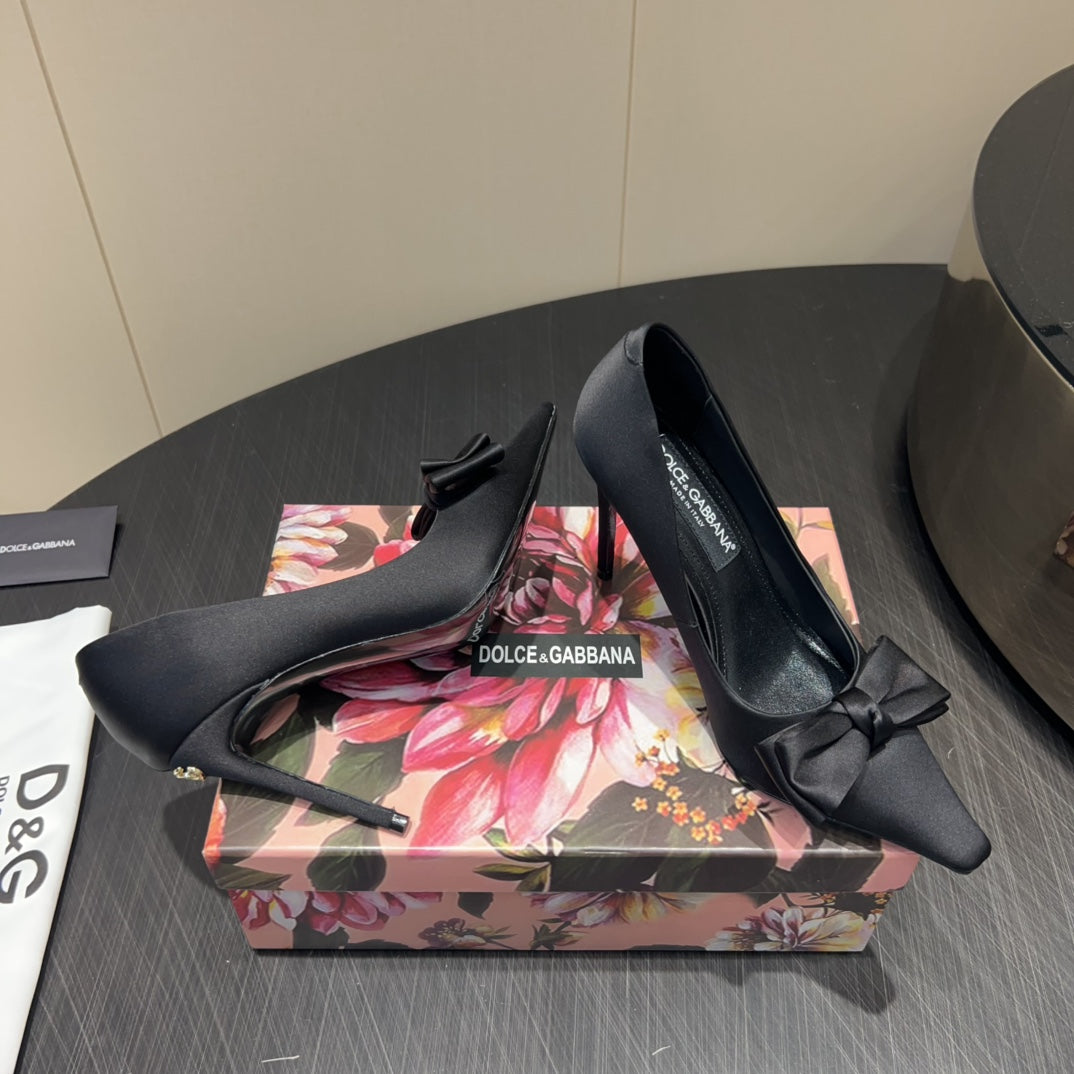 DC 25  Toe Bow High Heel Shoes 100mm Black Silk And Sheepskin 381609