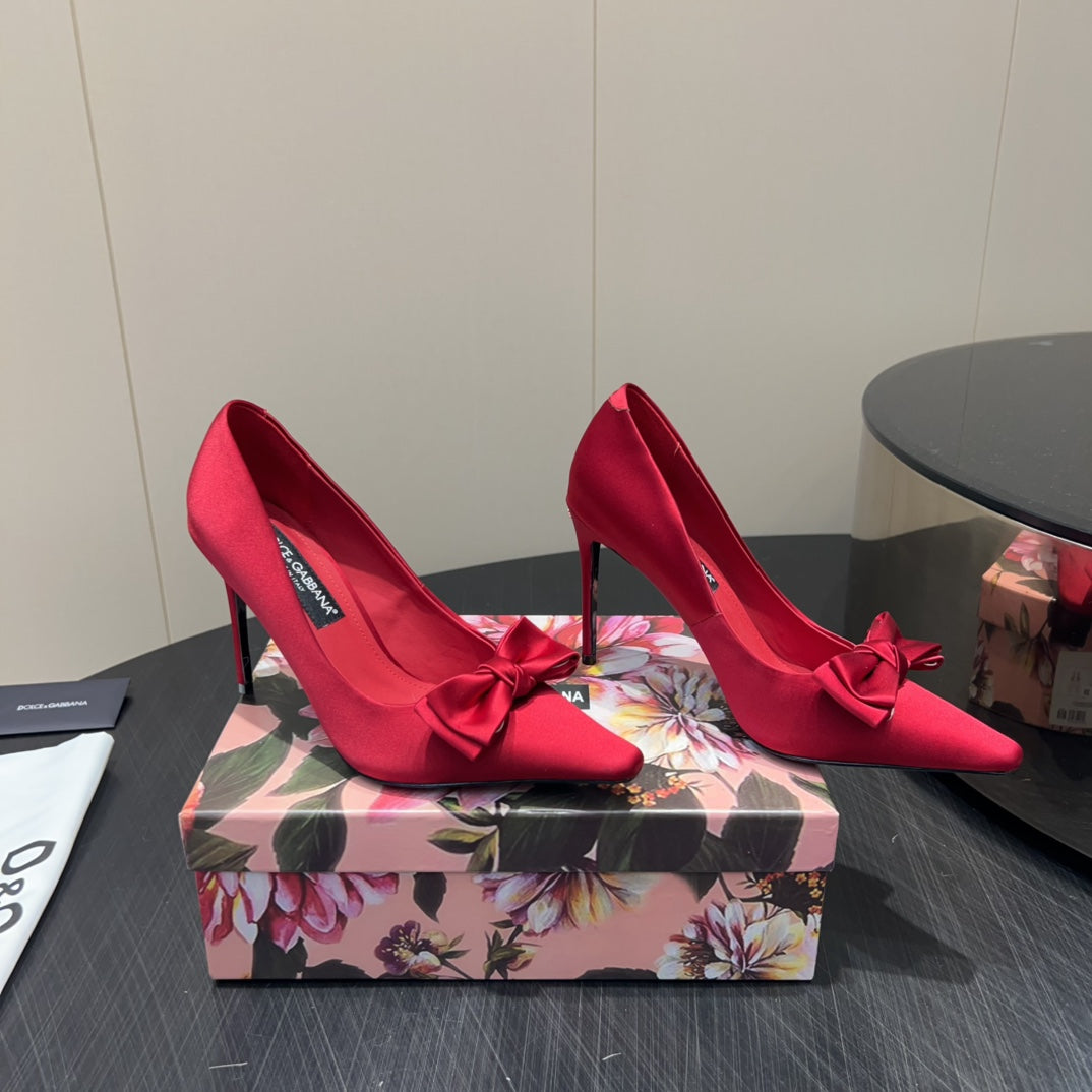 DC 25  Toe Bow High Heel Shoes 100mm Red Silk And Sheepskin 381610