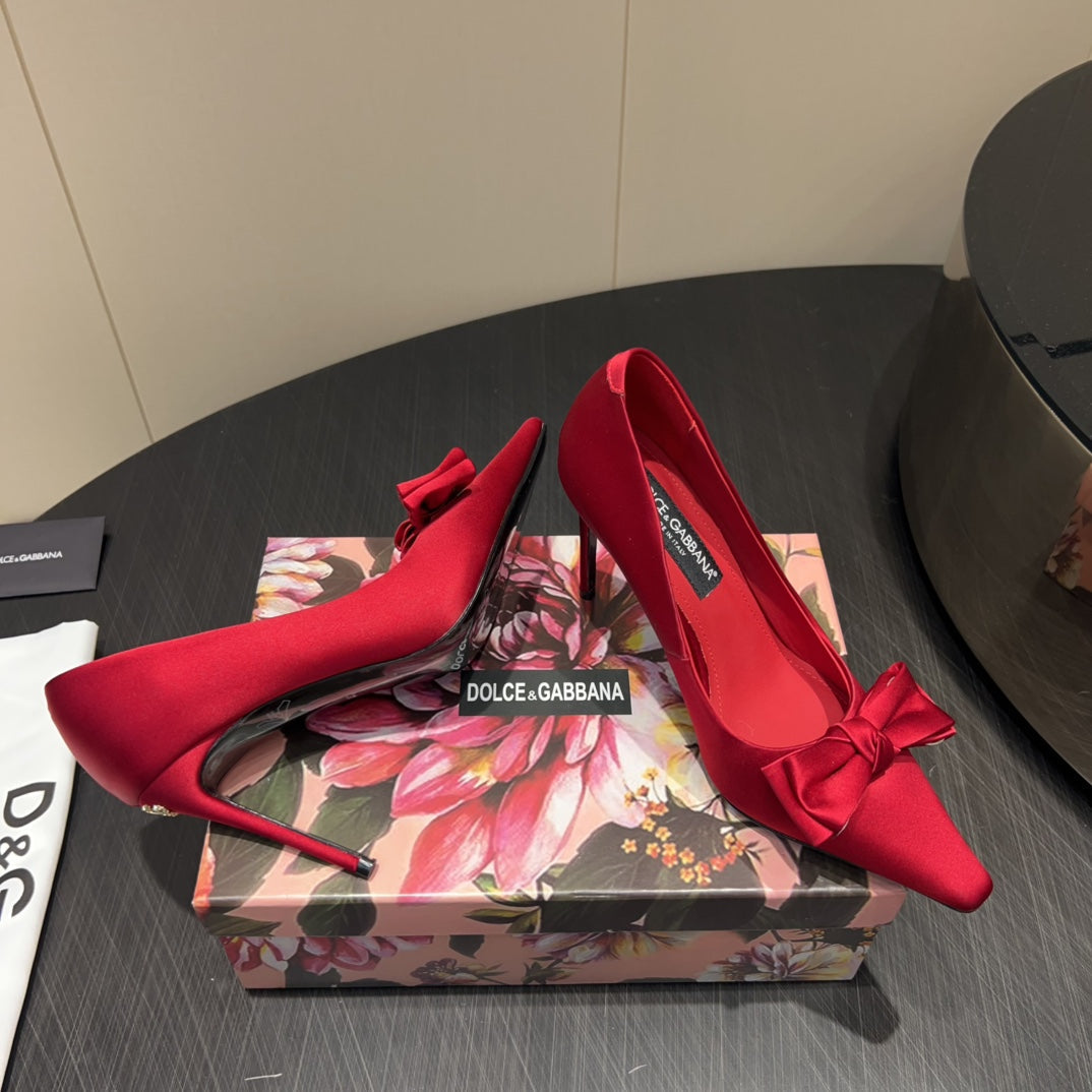 DC 25  Toe Bow High Heel Shoes 100mm Red Silk And Sheepskin 381610