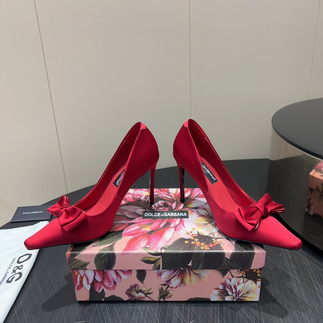 DC 25  Toe Bow High Heel Shoes 100mm Red Silk And Sheepskin 381610