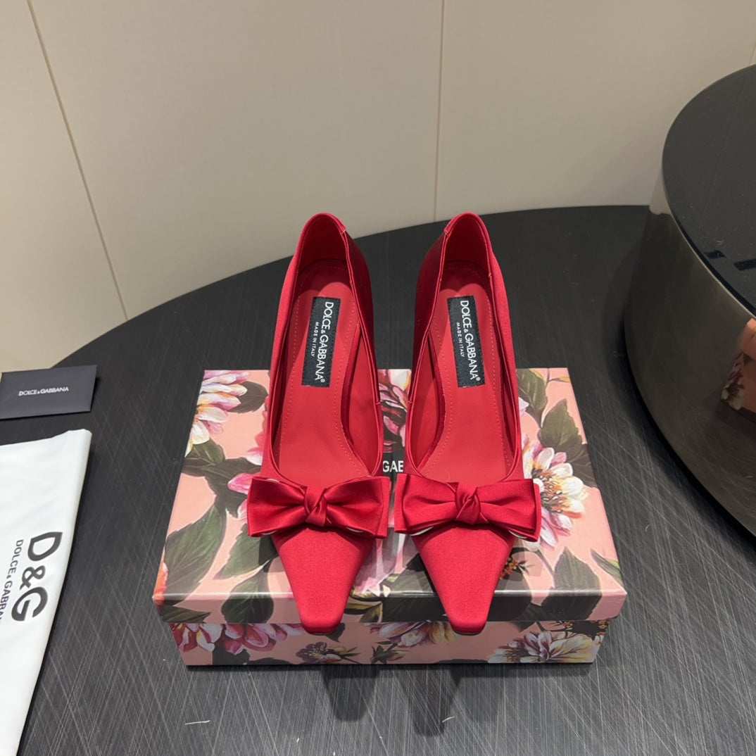 DC 25  Toe Bow High Heel Shoes 100mm Red Silk And Sheepskin 381610