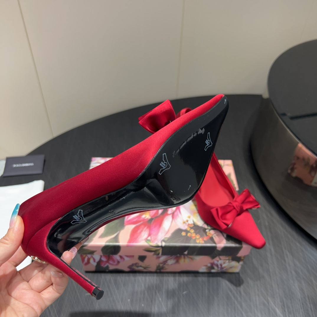 DC 25  Toe Bow High Heel Shoes 100mm Red Silk And Sheepskin 381610