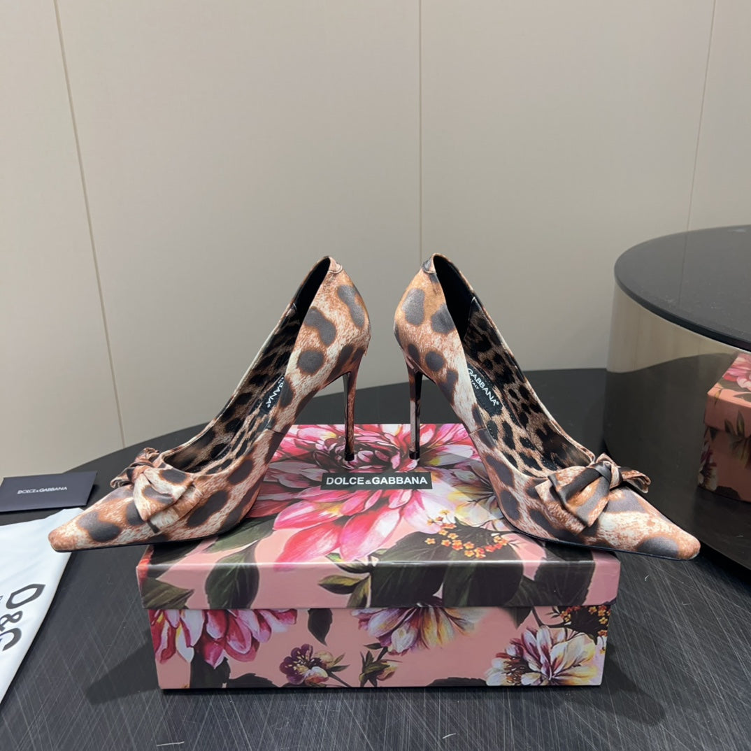 DC 25  Toe Bow High Heel Shoes 35mm Leopard-Print Silk And Sheepskin 381611