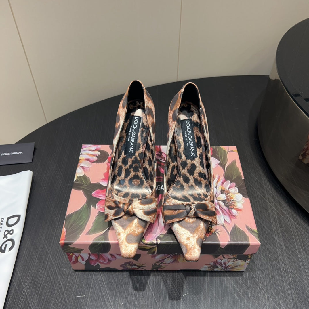 DC 25  Toe Bow High Heel Shoes 35mm Leopard-Print Silk And Sheepskin 381611
