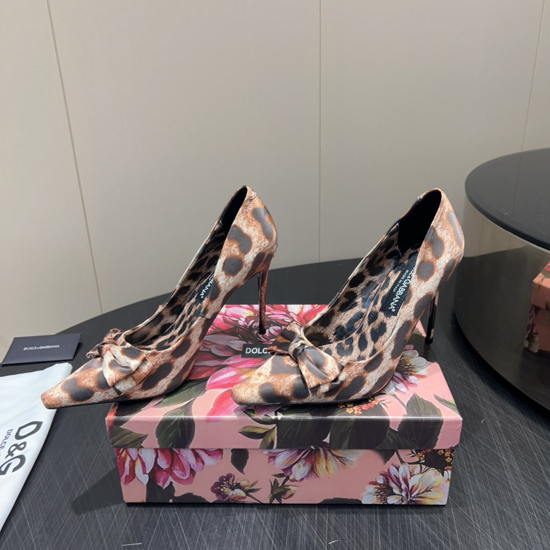 DC 25  Toe Bow High Heel Shoes 35mm Leopard-Print Silk And Sheepskin 381611