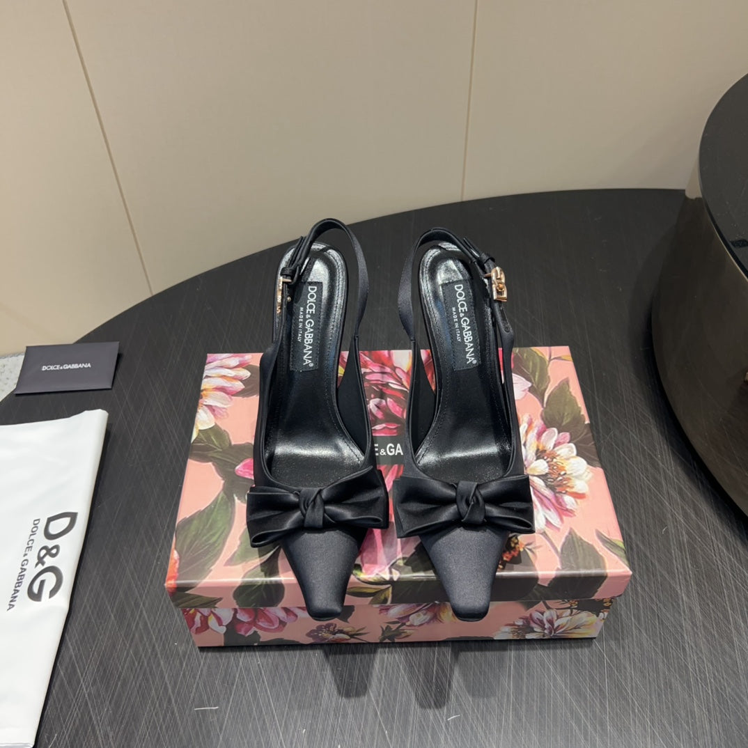 DC 25  Toe Bow Slingback Pumps 100mm Black Silk And Sheepskin 381612