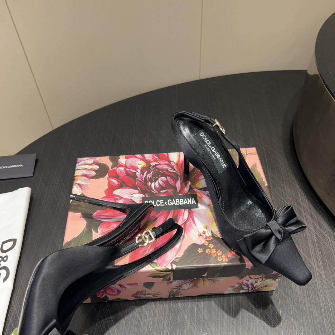 DC 25  Toe Bow Slingback Pumps 100mm Black Silk And Sheepskin 381612
