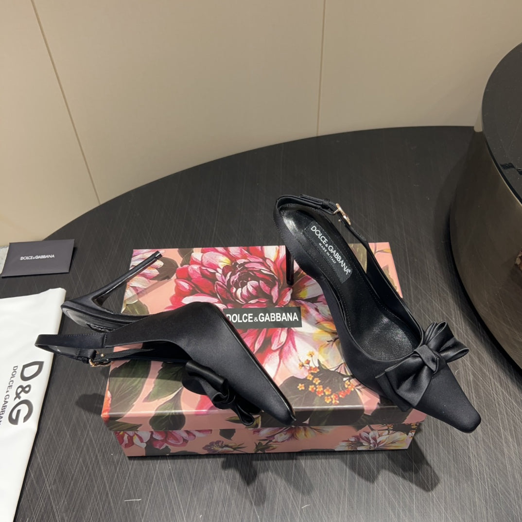 DC 25  Toe Bow Slingback Pumps 100mm Black Silk And Sheepskin 381612