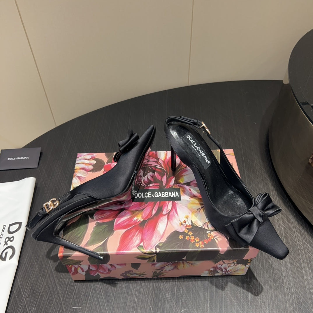 DC 25  Toe Bow Slingback Pumps 100mm Black Silk And Sheepskin 381612