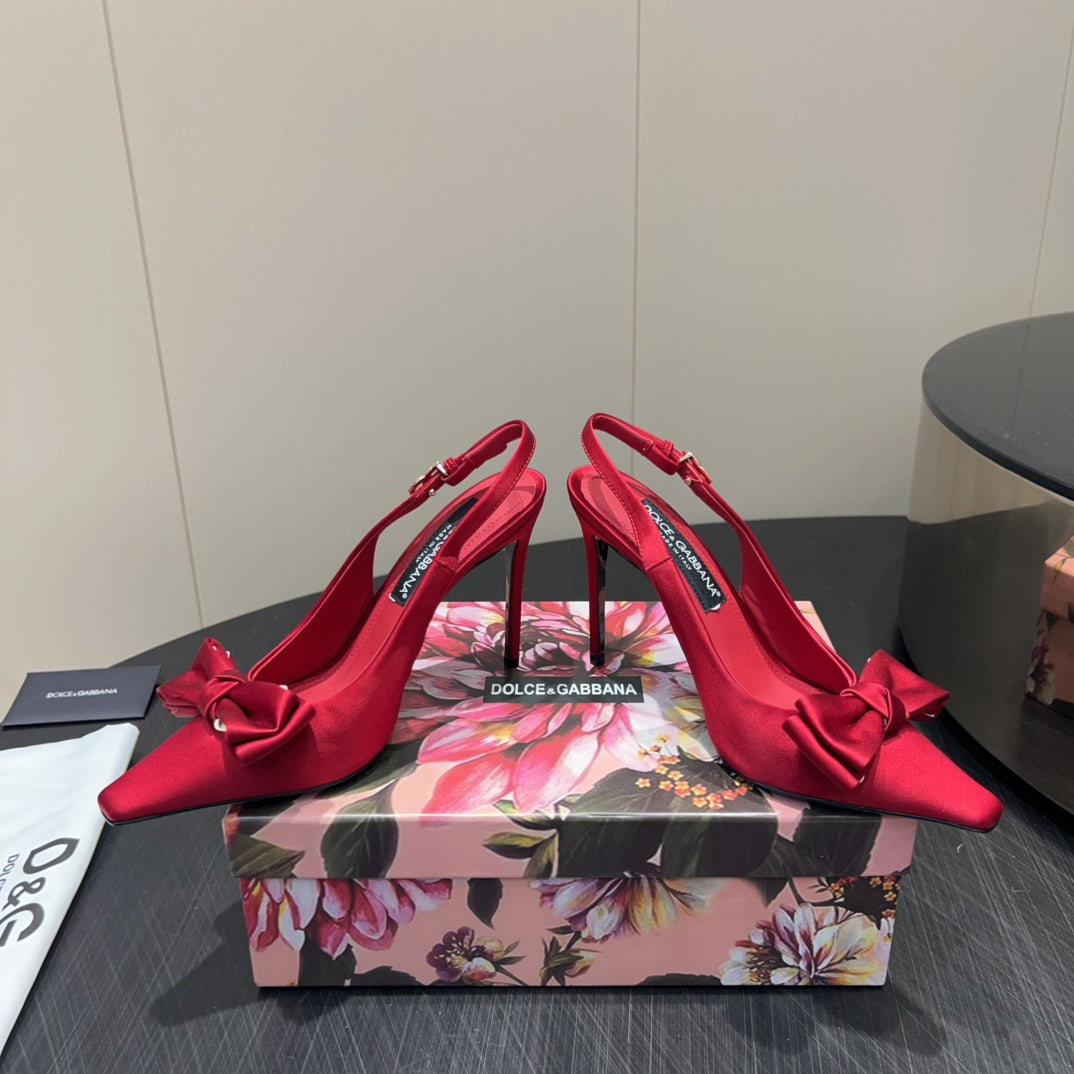 DC 25  Toe Bow High Heel Shoes 100mm Red Silk And Sheepskin 381613