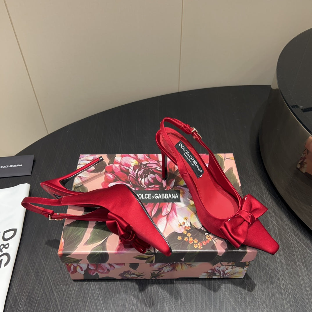 DC 25  Toe Bow High Heel Shoes 100mm Red Silk And Sheepskin 381613