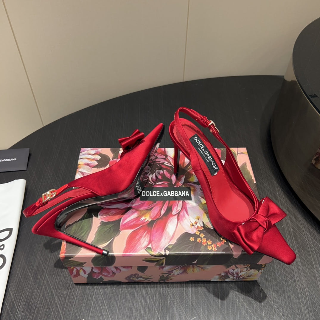 DC 25  Toe Bow High Heel Shoes 100mm Red Silk And Sheepskin 381613