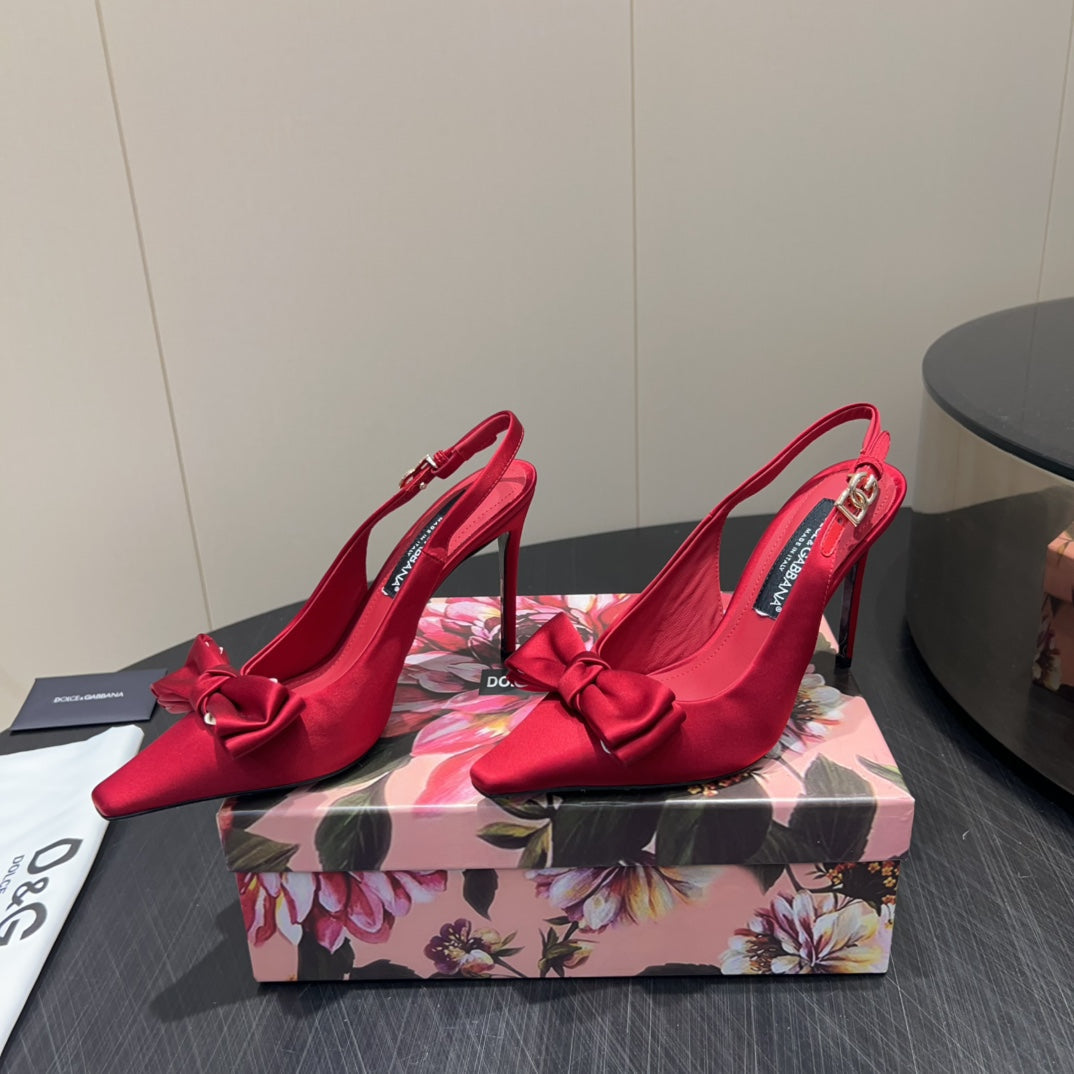 DC 25  Toe Bow High Heel Shoes 100mm Red Silk And Sheepskin 381613