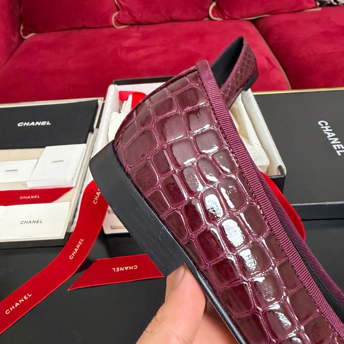 CC 26s Ballet Flat Burgundy Black Glossy Crocodile Embossed Leather 901101