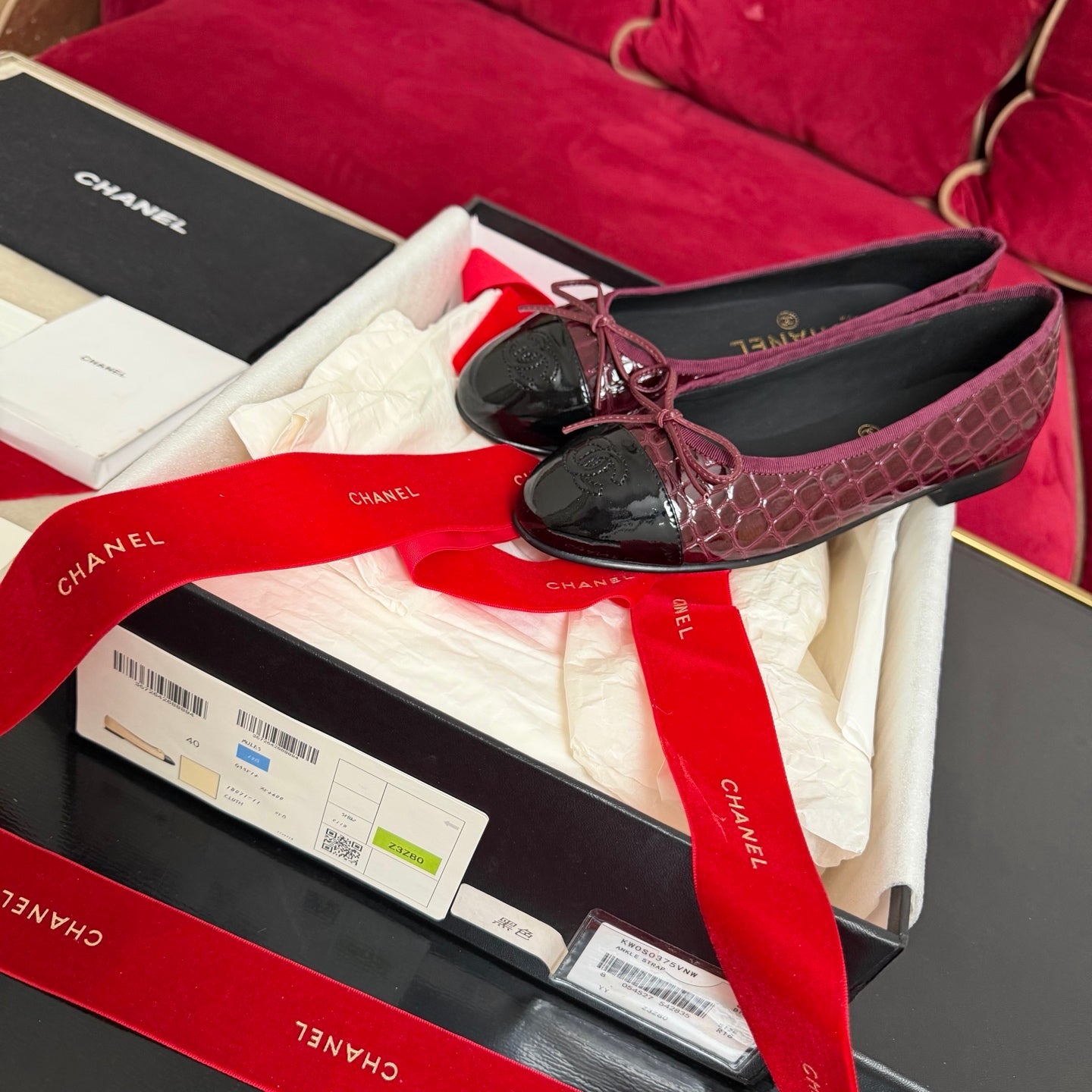 CC 26s Ballet Flat Burgundy Black Glossy Crocodile Embossed Leather 901101