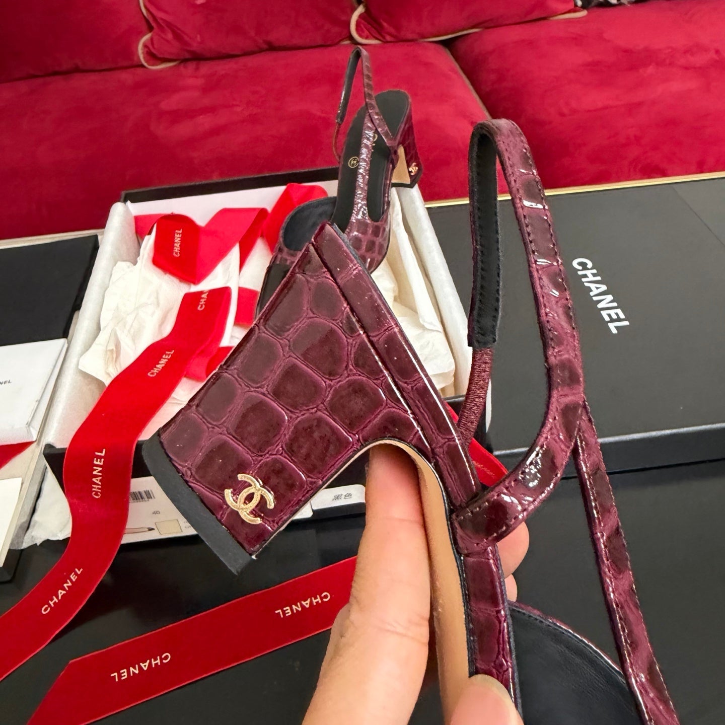 CC 26s Slingback Burgundy Black Glossy Crocodile Embossed Leather 901102