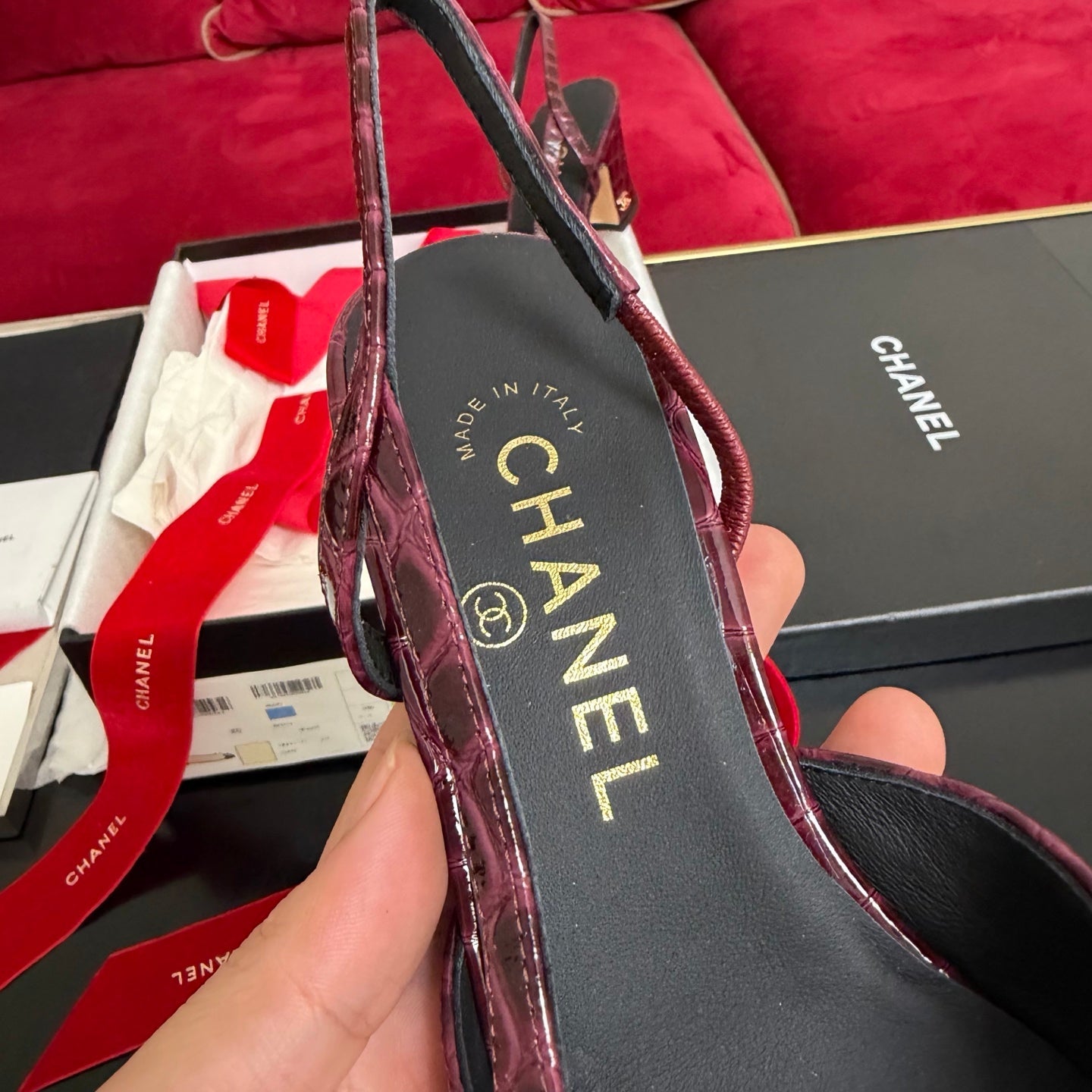CC 26s Slingback Burgundy Black Glossy Crocodile Embossed Leather 901102