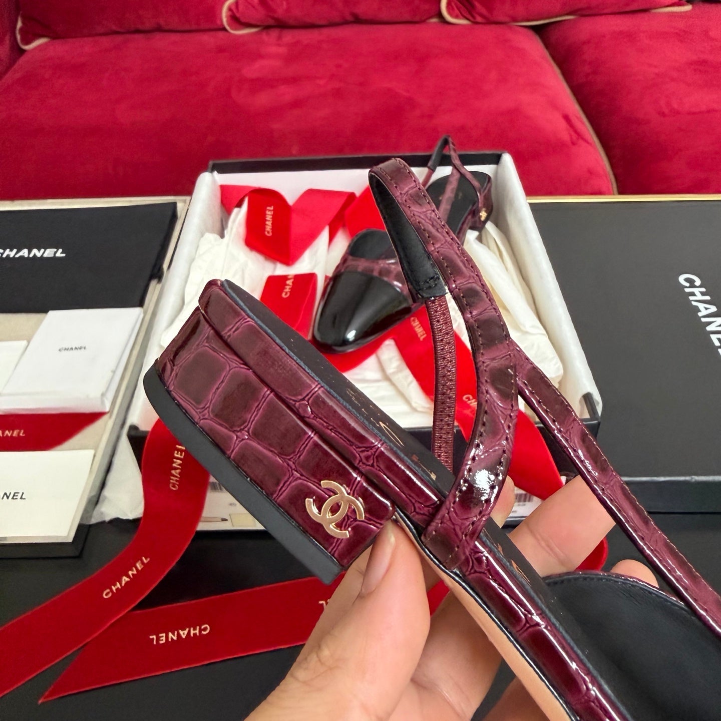 CC 26s Slingback Burgundy Black Glossy Crocodile Embossed Leather 901103