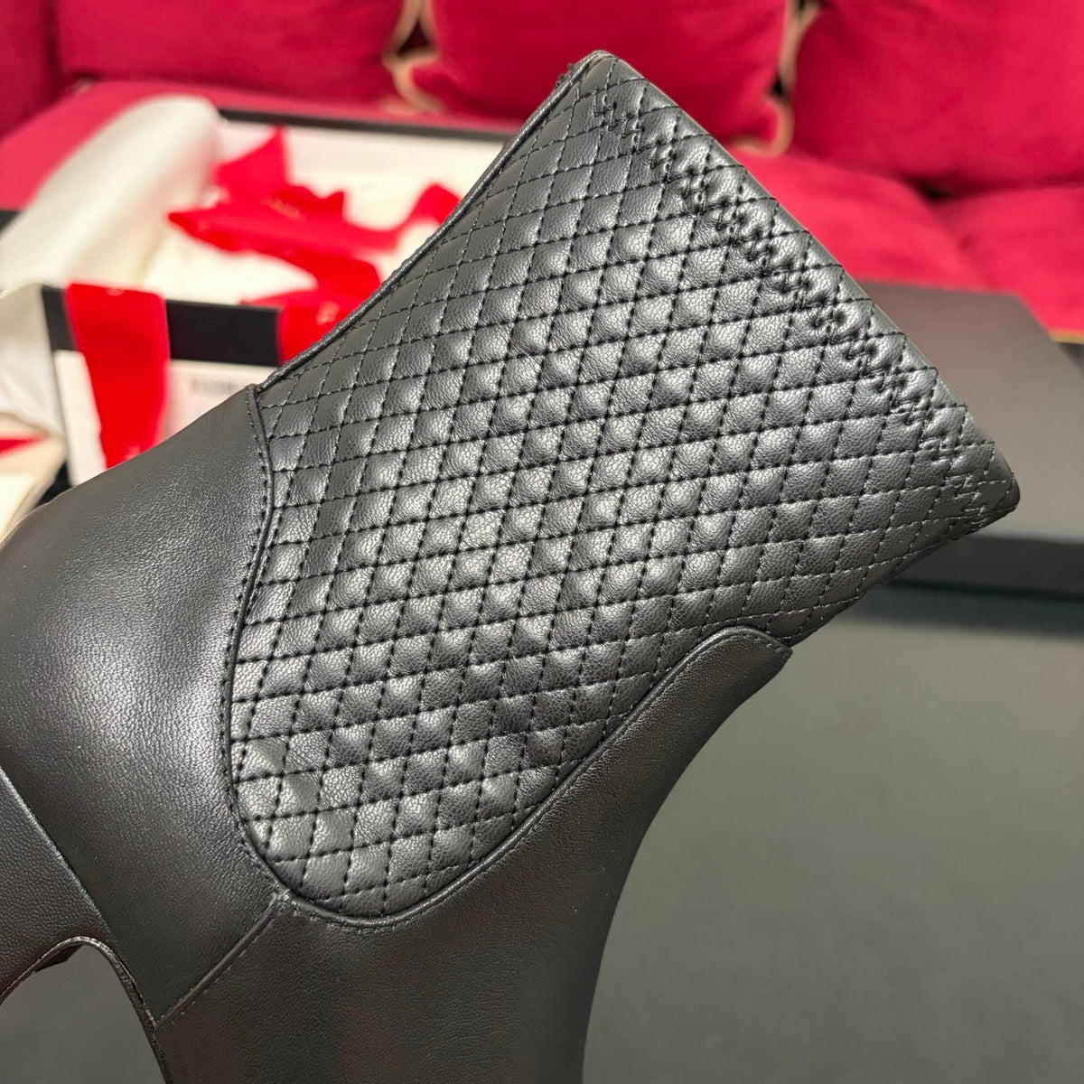 Chanel 26K Shoes Ankle Boots Black Quilted Patent Black Toe Cap Low Heel 189003