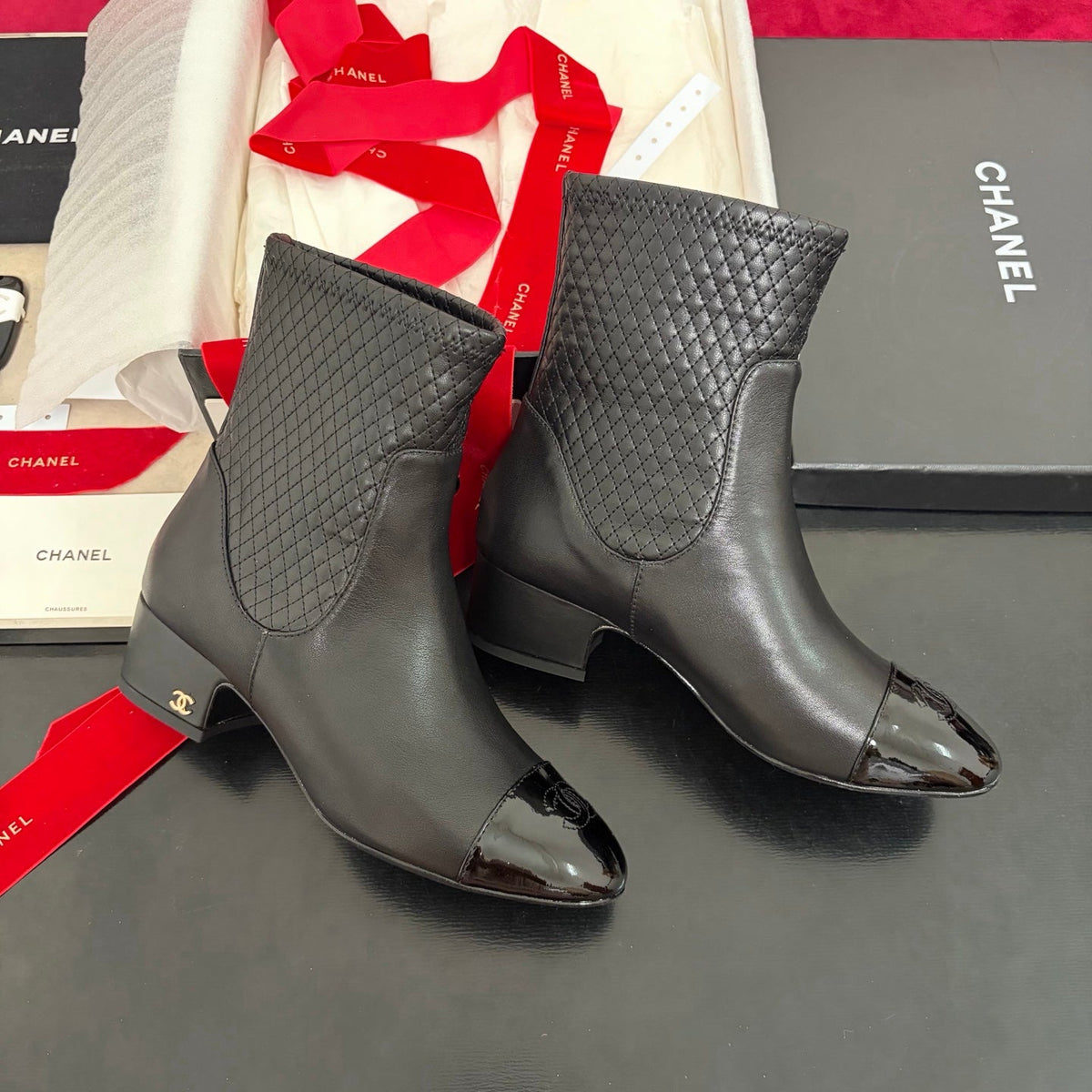 Chanel 26K Shoes Ankle Boots Black Quilted Patent Black Toe Cap Low Heel 189003