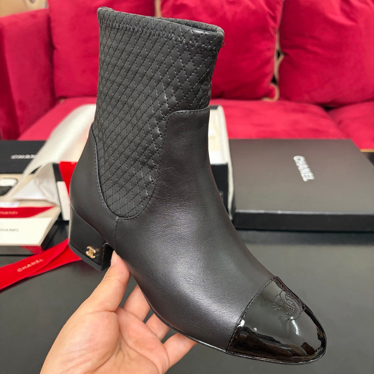 Chanel 26K Shoes Ankle Boots Black Quilted Patent Black Toe Cap Low Heel 189003